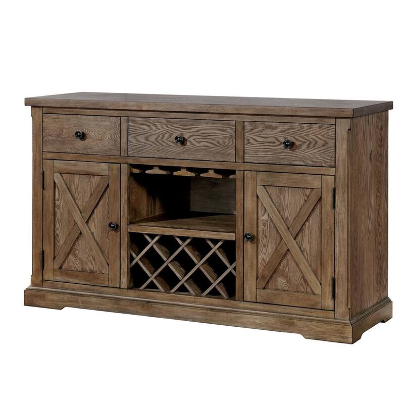 Wood Server With Three Drawers And Two Door, Light Oak Brown