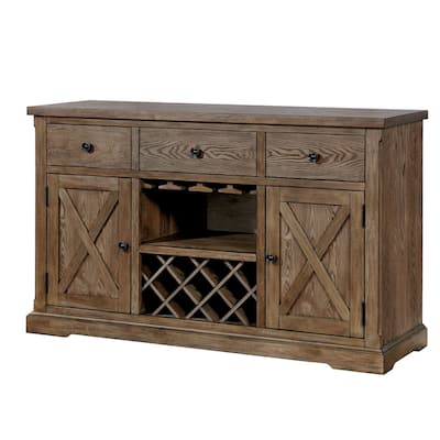 Wood Server With Three Drawers And Two Door, Light Oak Brown