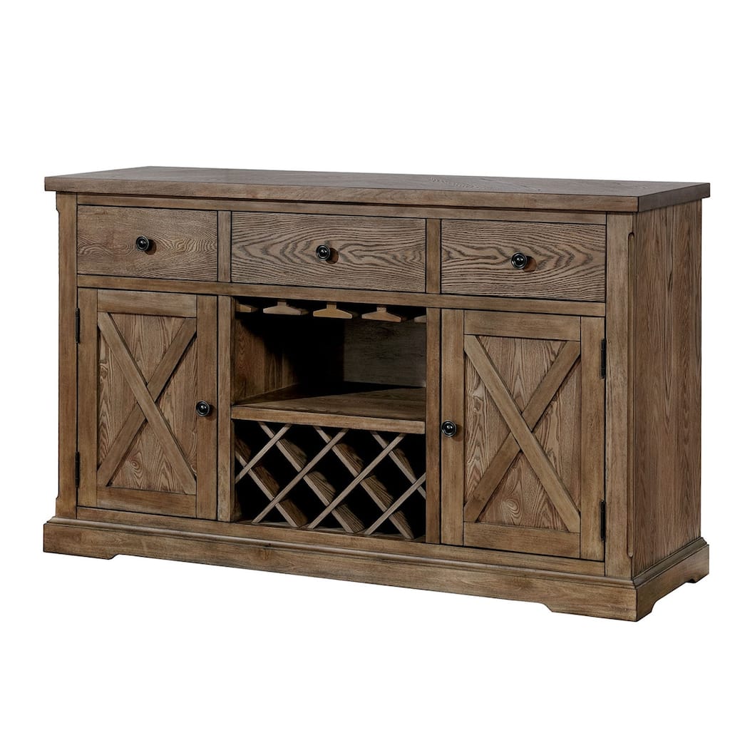 Wood Server With Three Drawers And Two Door, Light Oak Brown