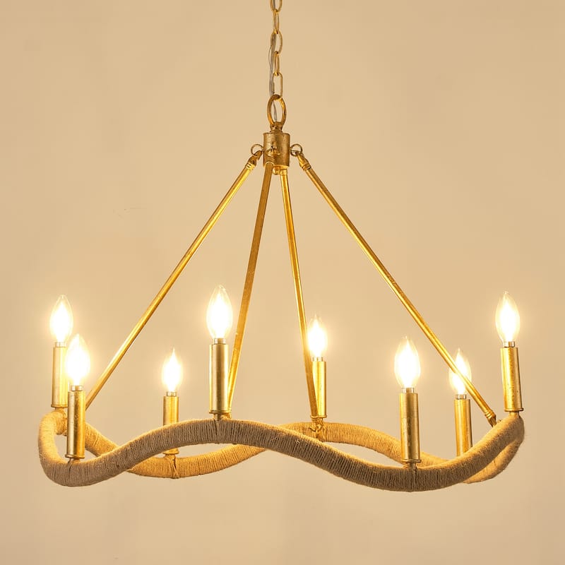 Modern Farmhouse Gold Natural Jute Large Candle Chandelier - 27.6 in. D x 27.6 in. W x 23.6 in. H