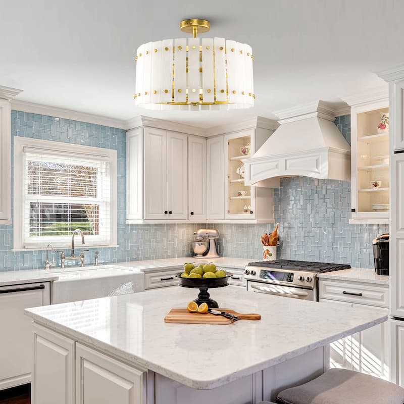 18" Modern Marble Distressed Gold 4-Light Caged Semi-Flush Ceiling Light