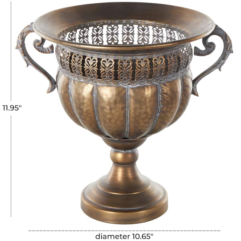Bronze Metal Urn Shaped Decorative Vase with Hammered Details and Cut Outs