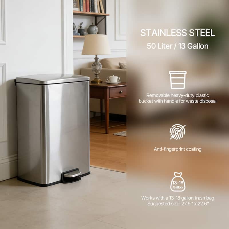 Innovaze 13 Gal./50 Liter Rectangular Stainless Steel Step-on Trash Can for Kitchen