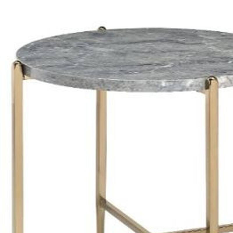 24” Round End Table with Champagne Metal Base and Light Grey Faux Marble Top for Living Room - 24" H x 26" W x 26" D