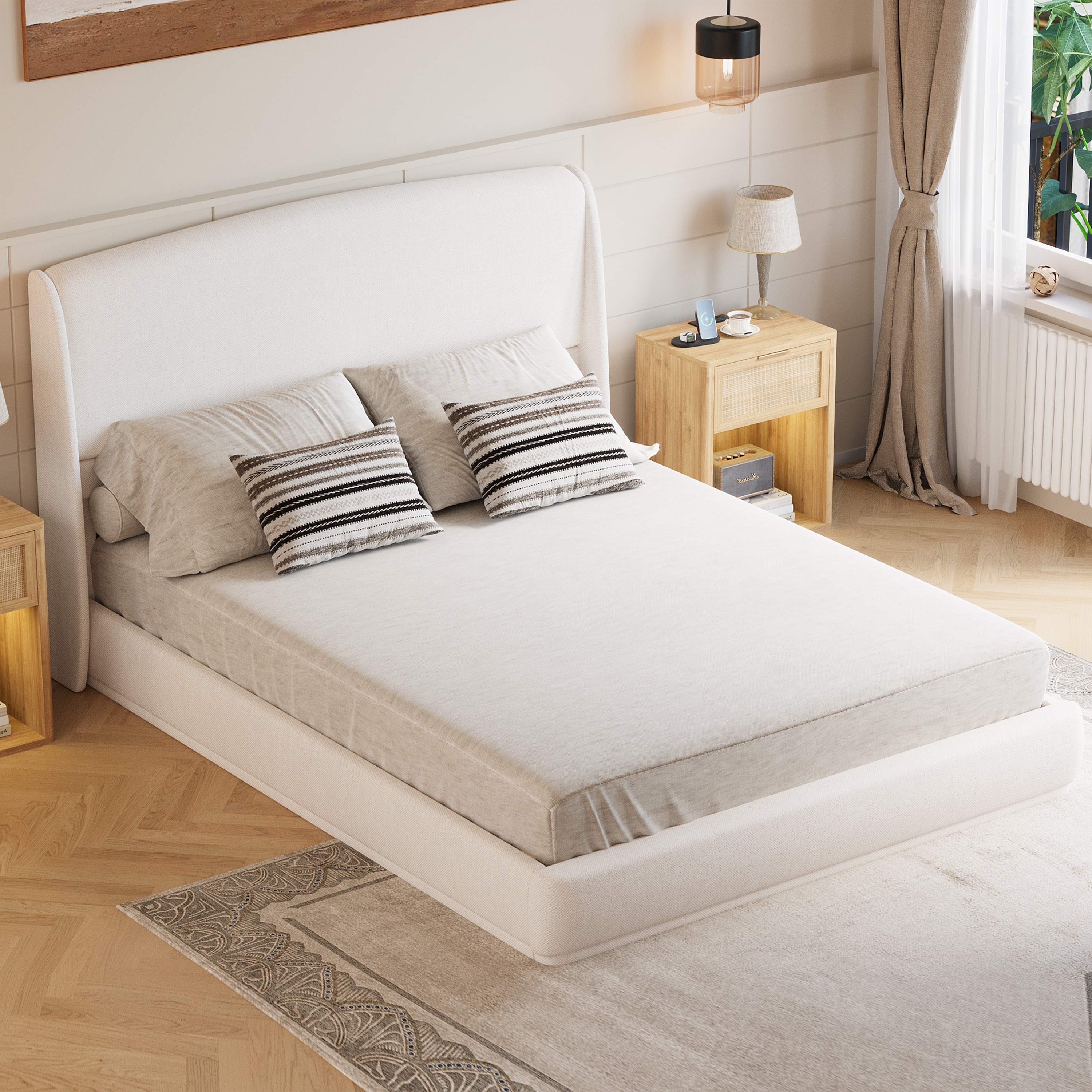 Upholstered Queen Platform Bed Frame with Wingback Padded Headboard