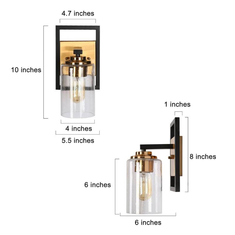Modern Black Gold 1-Light Mini Bathroom Wall Sconce Seeded Glass Vanity Lights - 5.5" L x 6" W x 10" H