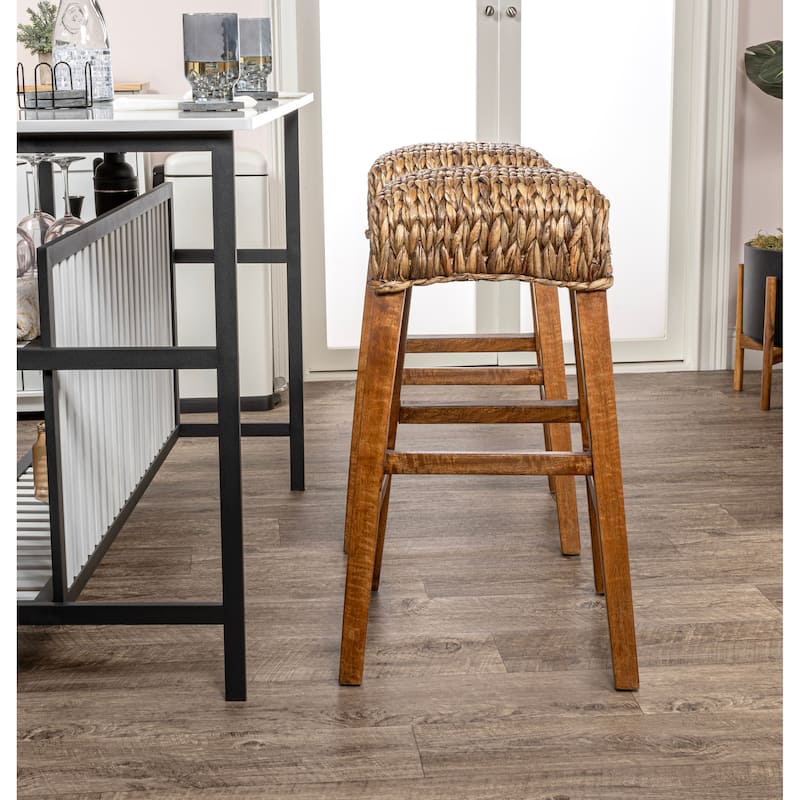Swayze Rustic Bohemian Hyacinth/Wood Backless Bar Stool, by JONATHAN Y