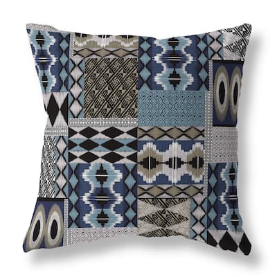 Blue And Brown Patched Perfection Indoor/Outdoor Throw Pillow Zipper