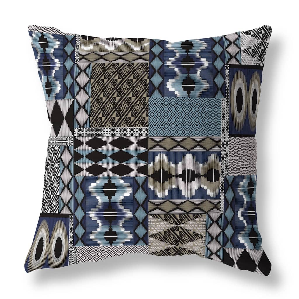 Blue And Brown Patched Perfection Indoor/Outdoor Throw Pillow Zipper