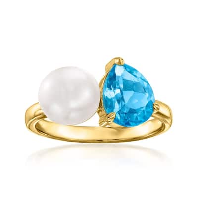 18K Yellow Gold Over Sterling Silver Swiss Blue Topaz, Fresh Water Pearl Infinity Ring
