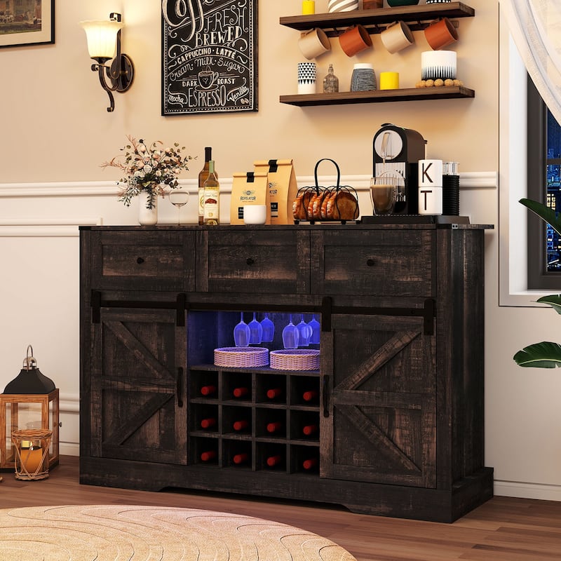 Gymax Wine Bar Cabinet w/LED Lights & Doors Coffee Station w/