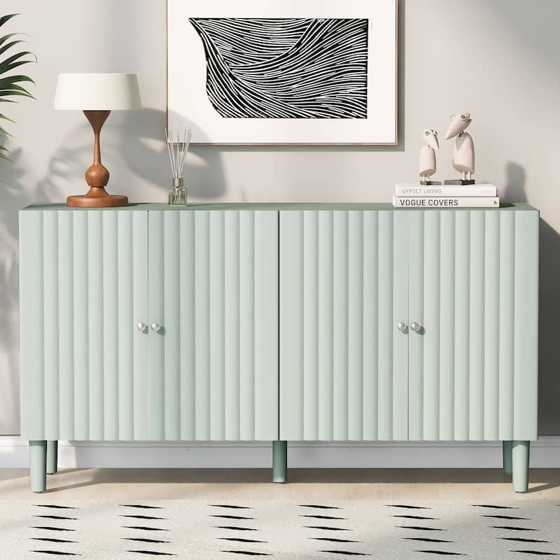 Elegant Four-Door Sideboard with Wavy Pattern Doors, Cylindrical Legs, and Sleek Metal Handles
