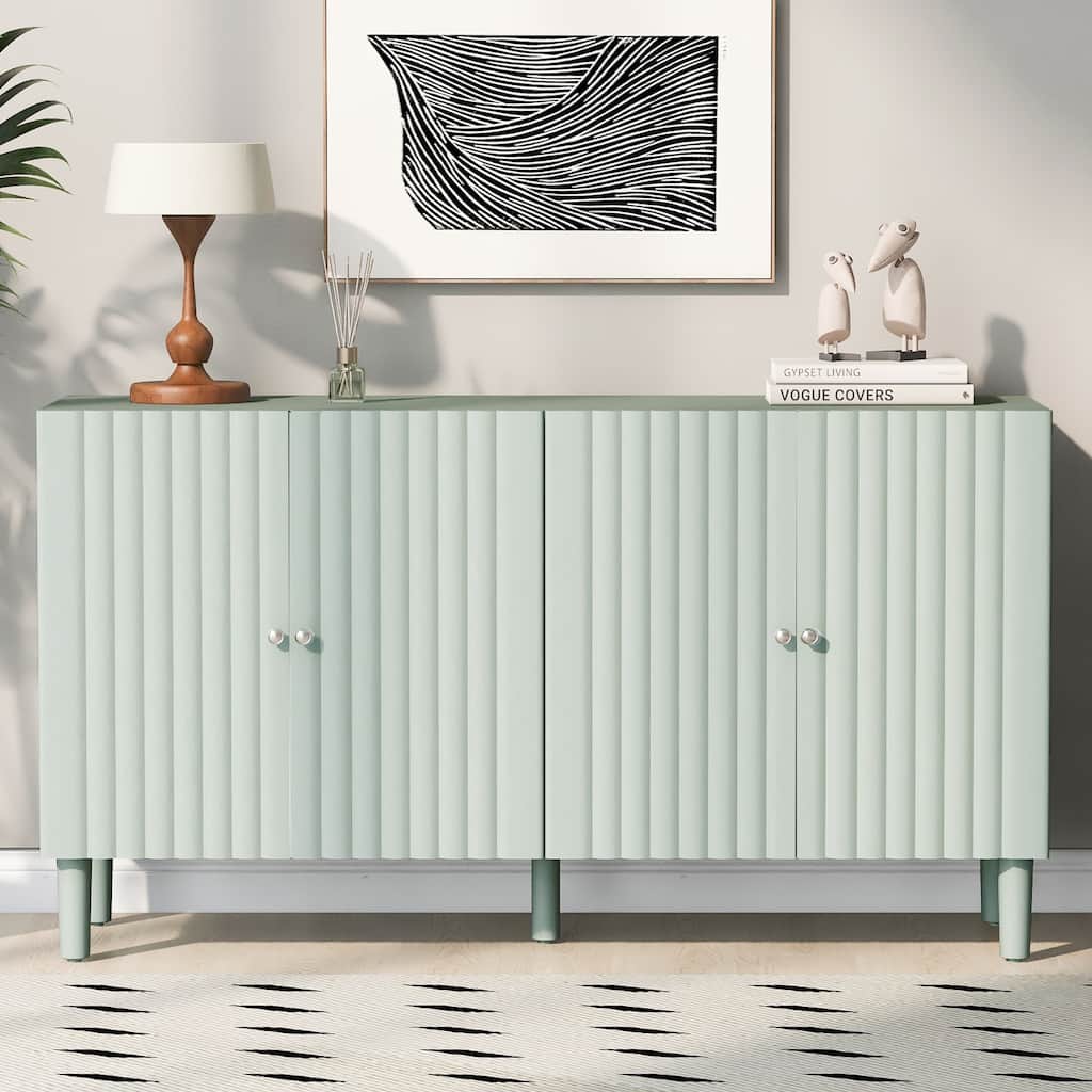 Elegant Four-Door Sideboard with Wavy Pattern Doors, Cylindrical Legs, and Sleek Metal Handles