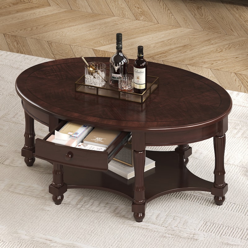 Vintage Oval Coffee Table with Drawer and Storage Shelf