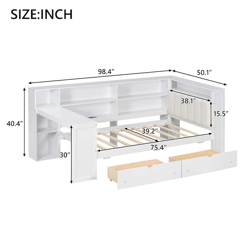 LED Platform Daybed, Wooden Sofa Bed Frame with Built In Desk, Charging Station, Upholstered Headboard, 2 Drawers and Shelves