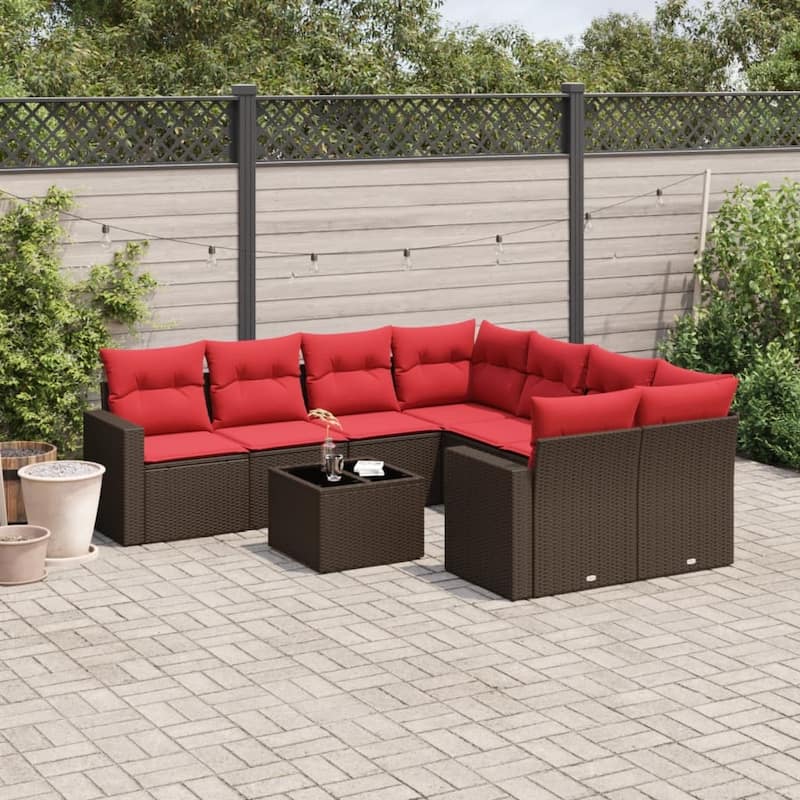 vidaXL Patio Sofa Set with Cushions Outdoor Furniture 9 Piece Poly Rattan - 25.8" x 24.4" x 27.2" - Brown and red