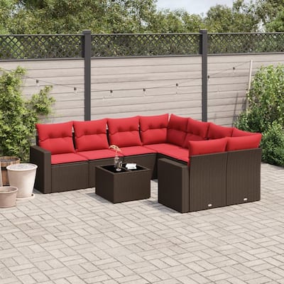 vidaXL Patio Sofa Set with Cushions Outdoor Furniture 9 Piece Poly Rattan - 25.8" x 24.4" x 27.2"