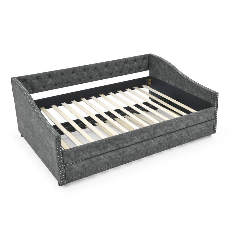 Button Tufted Sofa Bed with Pull Out Bed & Nailhead Decorative Arms