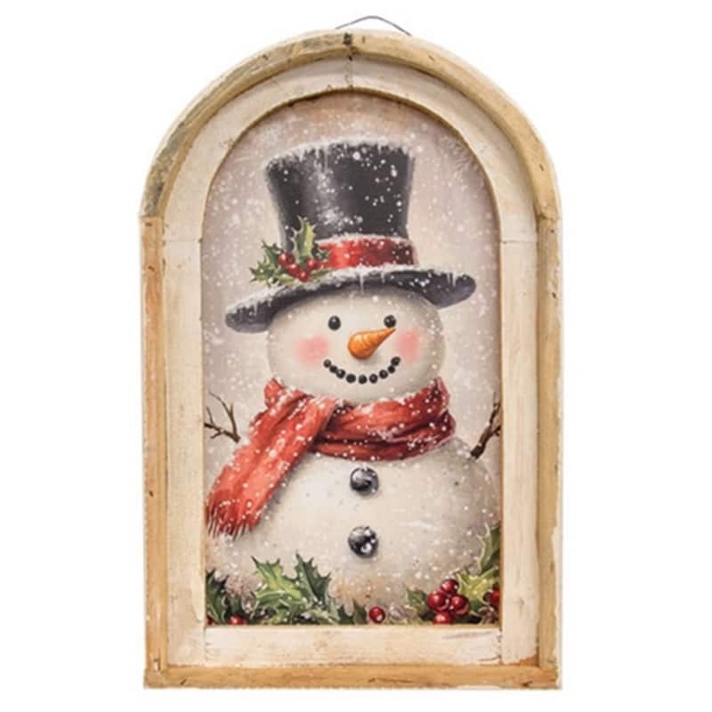 Snowy Snowman and Holly Distressed Arch Frame Christmas Wall Art Winter Holiday Decor 22x14 - 22” high by 14” wide by 1.5” deep - White
