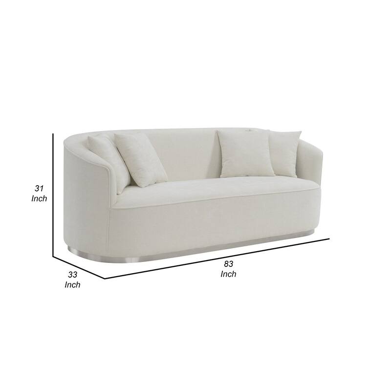 Oggy 83 Inch Sofa, 4 Throw Pillows, Barrel Shape, Soft Beige Chenille