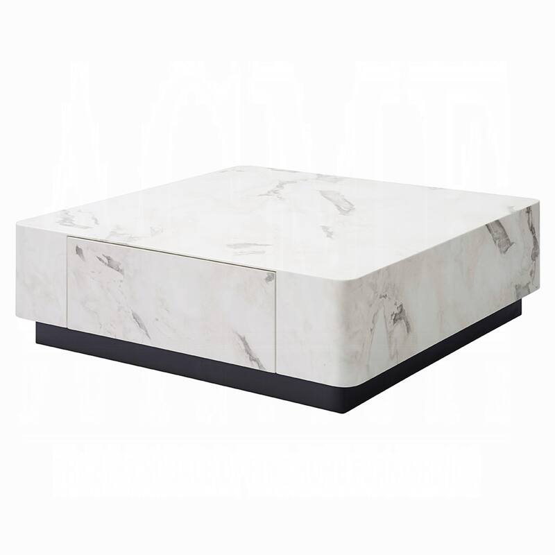Ritzy Coffee Table, Modern Plinth, White Faux Marble, 47 Inch Square