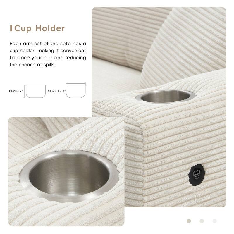 134" Oversized Corduroy Sectional L-shaped Cloud Sofa with USB Charging Port and Cup Holder