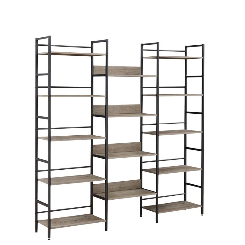 Triple Wide 5-shelf Bookshelves Industrial Retro Wooden Style Open Bookshelves