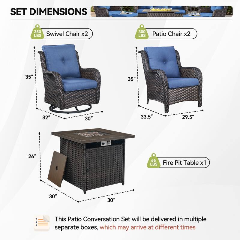 Fire Pit Table with 2 Swivel Chairs 2 Patio Chairs Brown-Blue - Brown