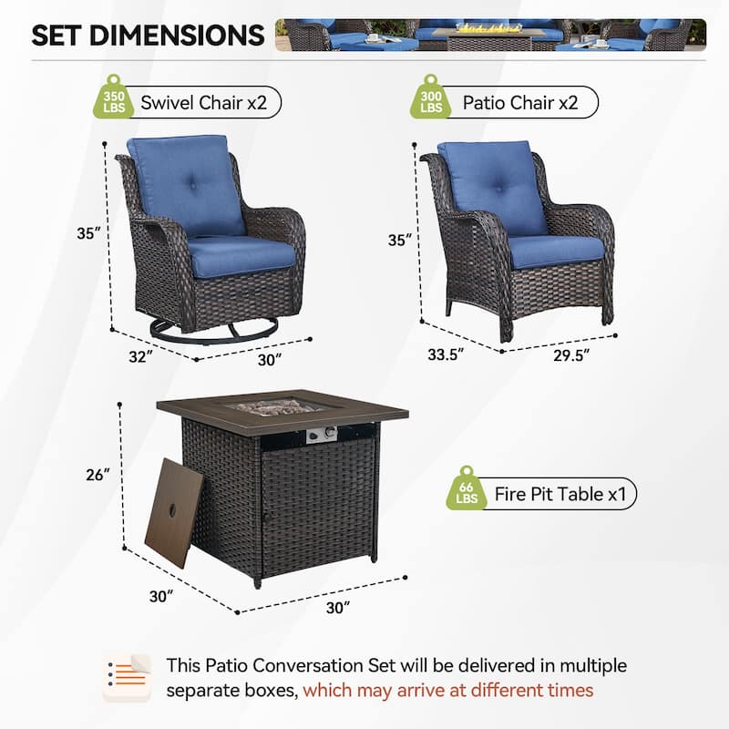 Gymojoy 5-Piece Outdoor Furniture Conversation Set, 2 Swivel Chairs, 2 Patio Chairs & 55K BTU Fire Pit Table