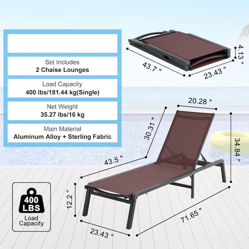 5-Position Adjustable and Foldable Chaise Lounge Chair with Aluminum Frame Perfect for Outdoor Use - 71.65" x 23.43" x 34.84"