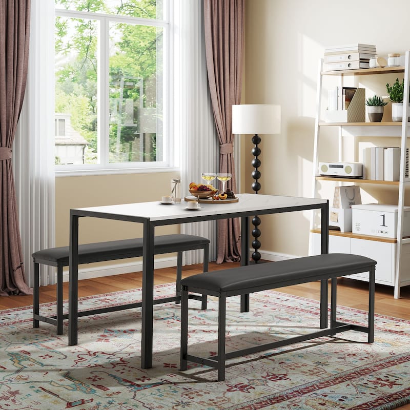 4-6 Person Dining Set with Faux Marble Top, PU Leather Benches and Storage Shelf