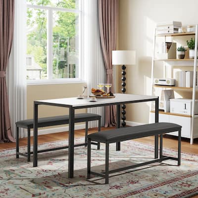 4-6 Person Dining Set with Faux Marble Top, PU Leather Benches and Storage Shelf