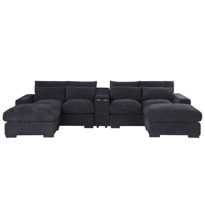 Modern Modular Sectional Sofa with Ottomans and Built-in Console, Cupholders