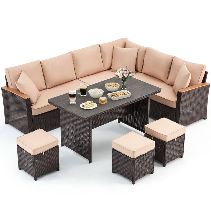 7-Piece Outdoor Sectional Set w/ Dining Table – All-Weather PE Rattan Patio Furniture for Garden, Poolside & Backyard
