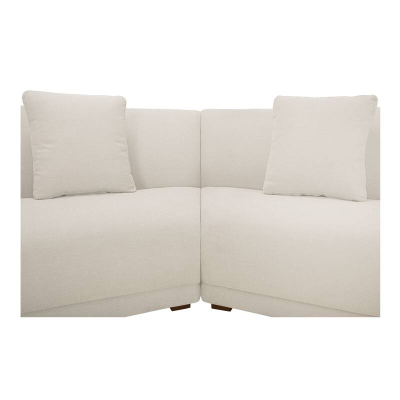 NADAAL STUDIOS Solace 2 Piece Modular Sectional, Angled Sides, Sloped Arms, Plinth Base, Four Toss Cushions, White