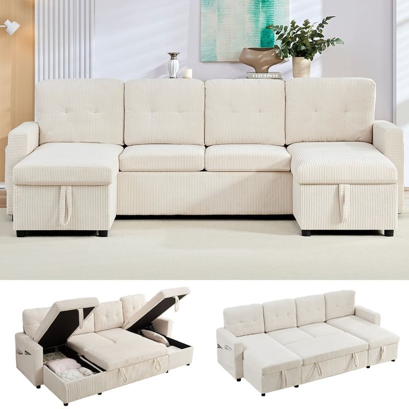 W103" Corduroy 4-Seater Modular Sleeper Sofa Bed with Storage Chaise,U-shaped Sofa with Pull-out Bed