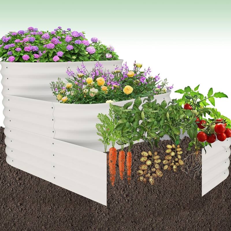 3-Tier Modular Raised Garden Bed Kit 3-in-1 Galvanized Steel Planter Box Off-White