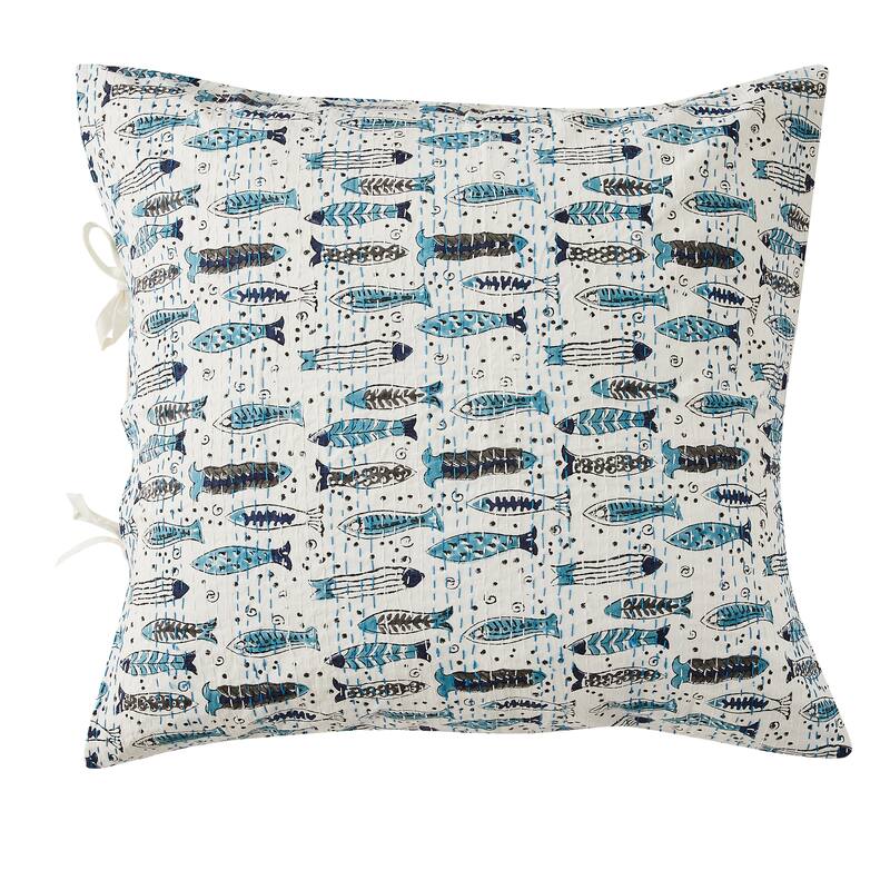 Melange Hand Stitched Kantha Block Print Coverlets and Shams - Fish Euro Sham Set - Full - 2 Piece