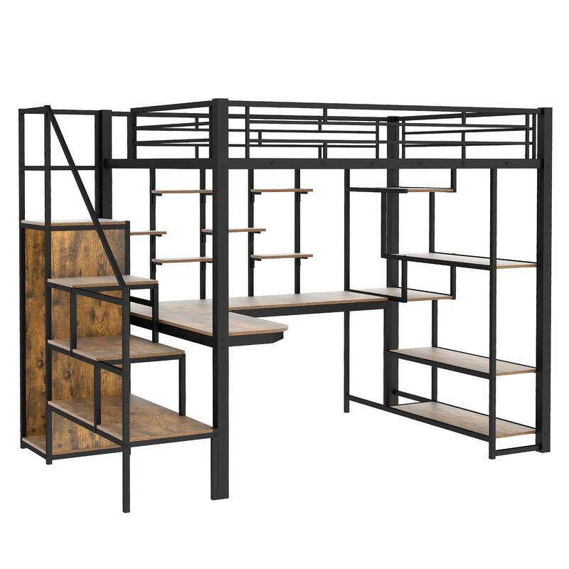 Full Size Metal Loft Bed with Storage Staircase and Small Wardrobe, Built-in Desk and Storage Shelves