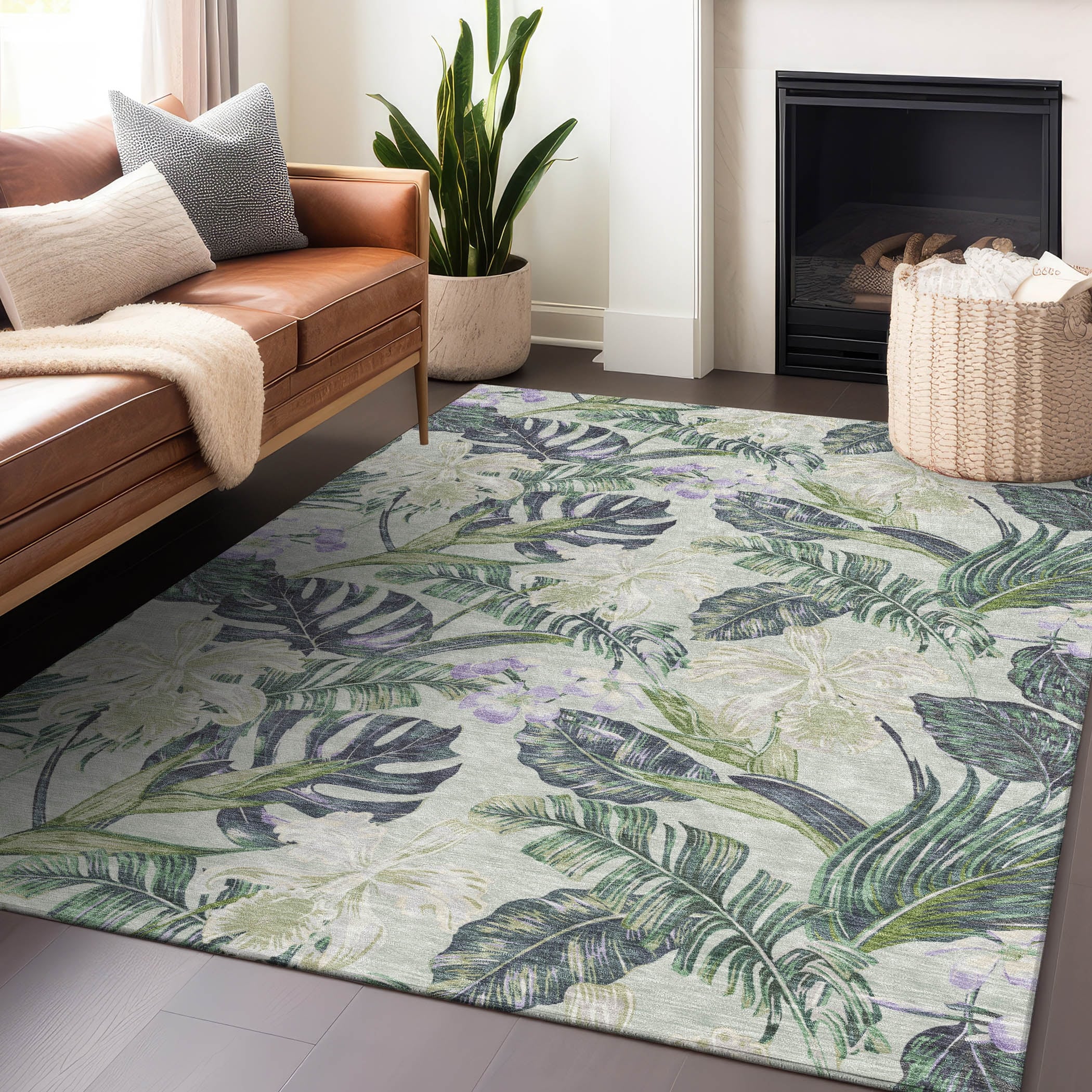 Machine Washable Indoor/ Outdoor Tropical Floral Chantille Rug