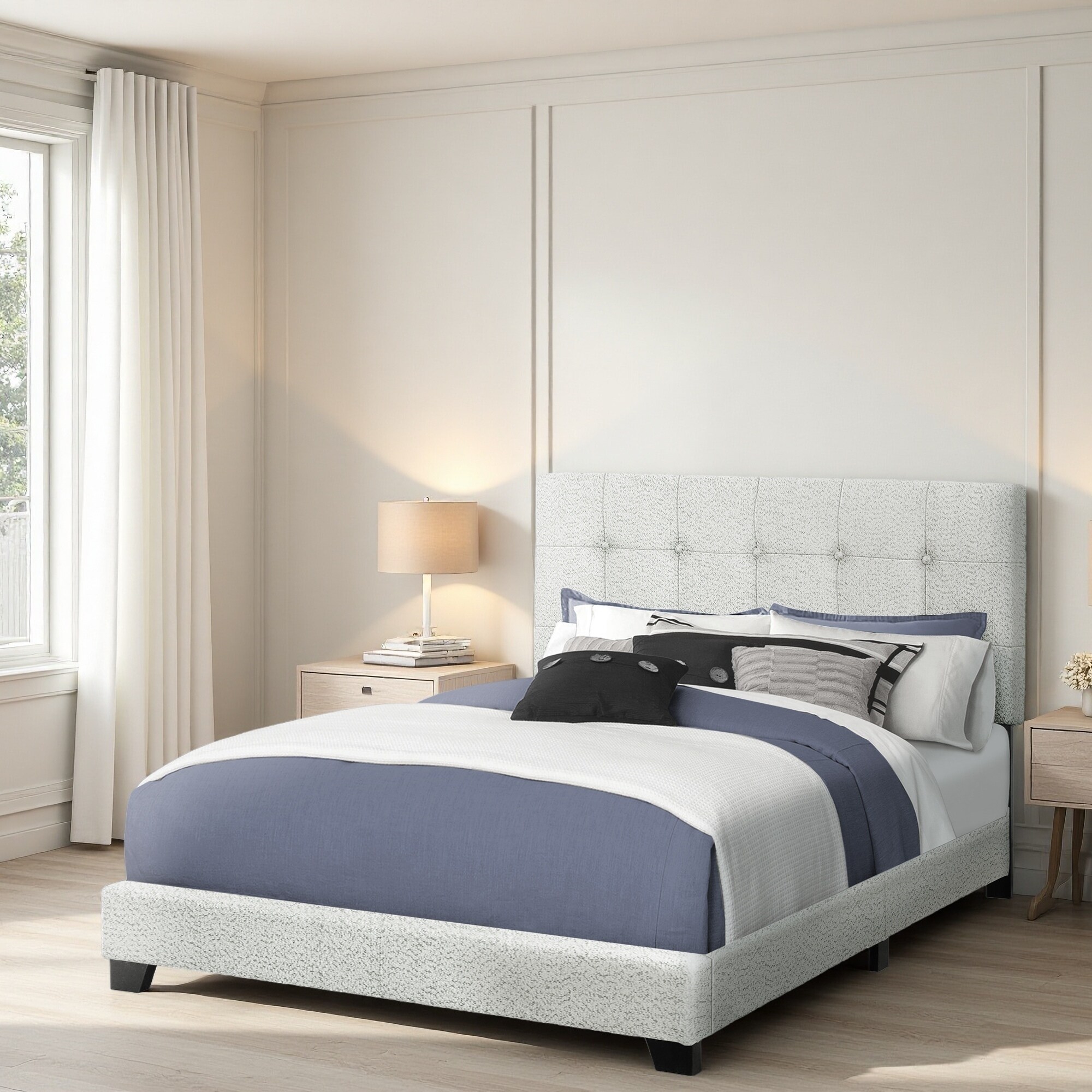 Queen Upholstered Bed Frame with Boucle Fabric & Tufted Headboard