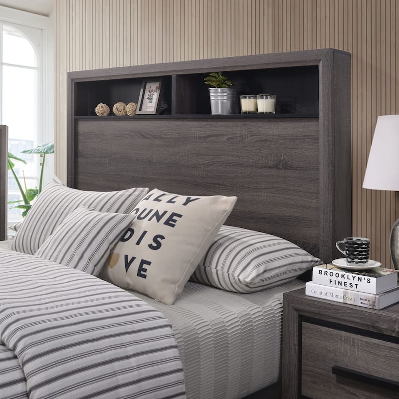 Furniture of America Rothwell Grey Wood Bed with Bookcase Headboard