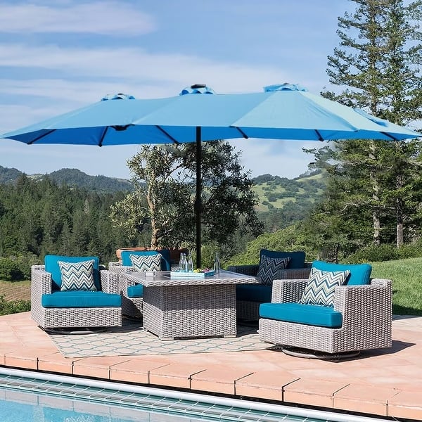 9 ft rectangular solar-powered patio umbrella in taupe PURPLE LEAF 15x9ft Double-Sided Outdoor Market with Base, Light Grey Get ready to entertain from dusk until dawn with the 9 ft 9 ft Solar-Powered Outdoor Patio