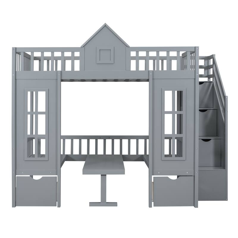 Full Size Wooden Loft Bunk Bed with Table, Seats, and Storage Shelves