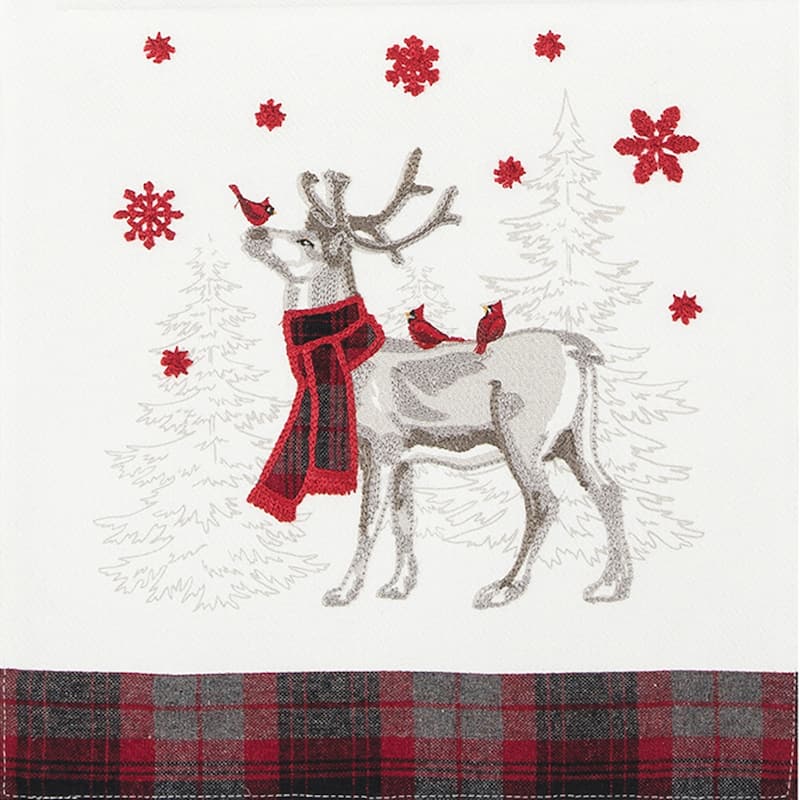 Frosty Deer White Deer in Red and Black Plaid Scarf and Red Snowflakes 13" X 72" Cotton Machine Washable Table Runner