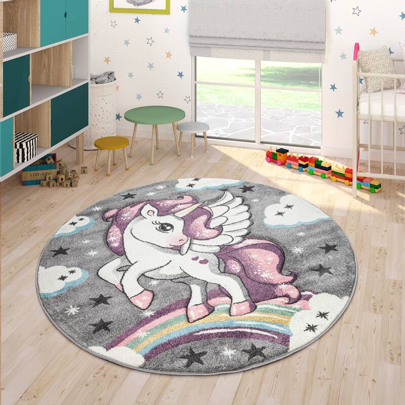 Kids Rug for Nursery Enchanted Unicorn and Rainbows in the Sky - 5'3" x 7'7" - Grey