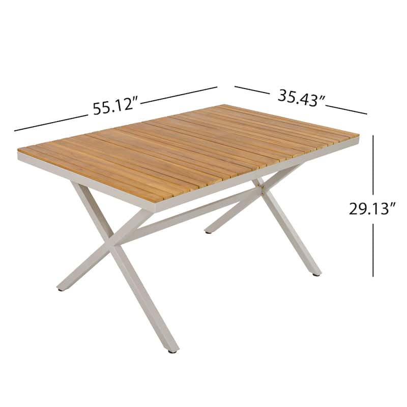Roomfitters 55.12" Rectangular Outdoor Dining Table with Slatted Teak Wood Top & Beige Steel X-Frame Base for Patio, Teak+ Beige