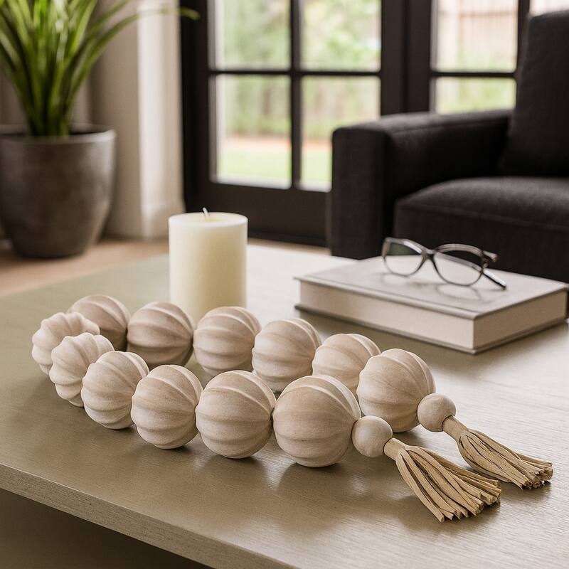 Decorative Textured Beaded Garland with Leather Tassels - 53", Tan