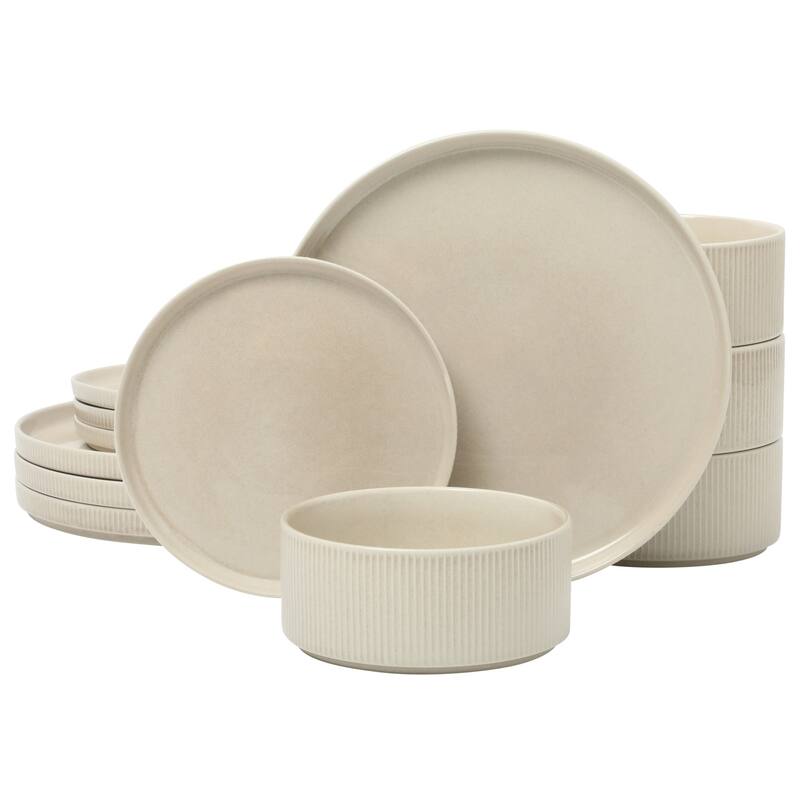 Gibson Elite Solana Coast 12 Piece Stoneware Reactive Glaze (Service for 4) Plates and Bowls Modern Shape Dinnerware Set - Cream White
