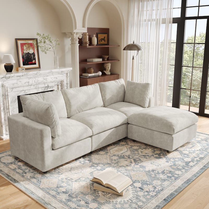 3 Seat Sectional Sofa Comfy Cloud Couch for Living Room Modern Sofa Sleeper Deep Couches with Ottoman - Beige